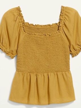 Yellow Smocked Linen-Blend Puff Sleeve Top Old Navy XXL Mustard New with Tags